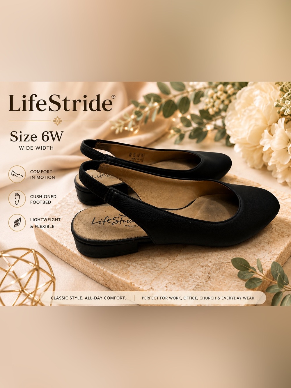 LifeStride Black Slingback Flats Women’s Size 6W Wide Comfort Low Heel Shoes